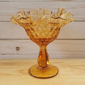 Vintage Fenton Amber Thumbprint Glass Compote Dish With Ruffled Edges 1960s MCM